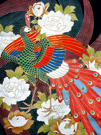 colourful peacock tomesode detail